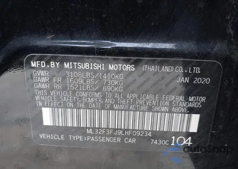 2020 Mitsubishi Mirage G4 Es z USA, uszkodzony, nr VIN ML32F3FJ9LHF09234